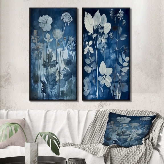 Designart "Vintage Botanicals Faded Blue Wildflowers V" Abstract Botanicals Framed Wall Art Set Of 2 - Modern Blue Gallery Wall Frame Set For Home Decor