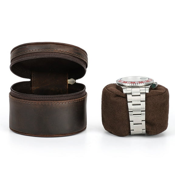 Bigcan Vintage Leather Single Watch Case – Round Zippered Travel Watch Storage Box with Soft Interior Cushion and Customizable Engraving