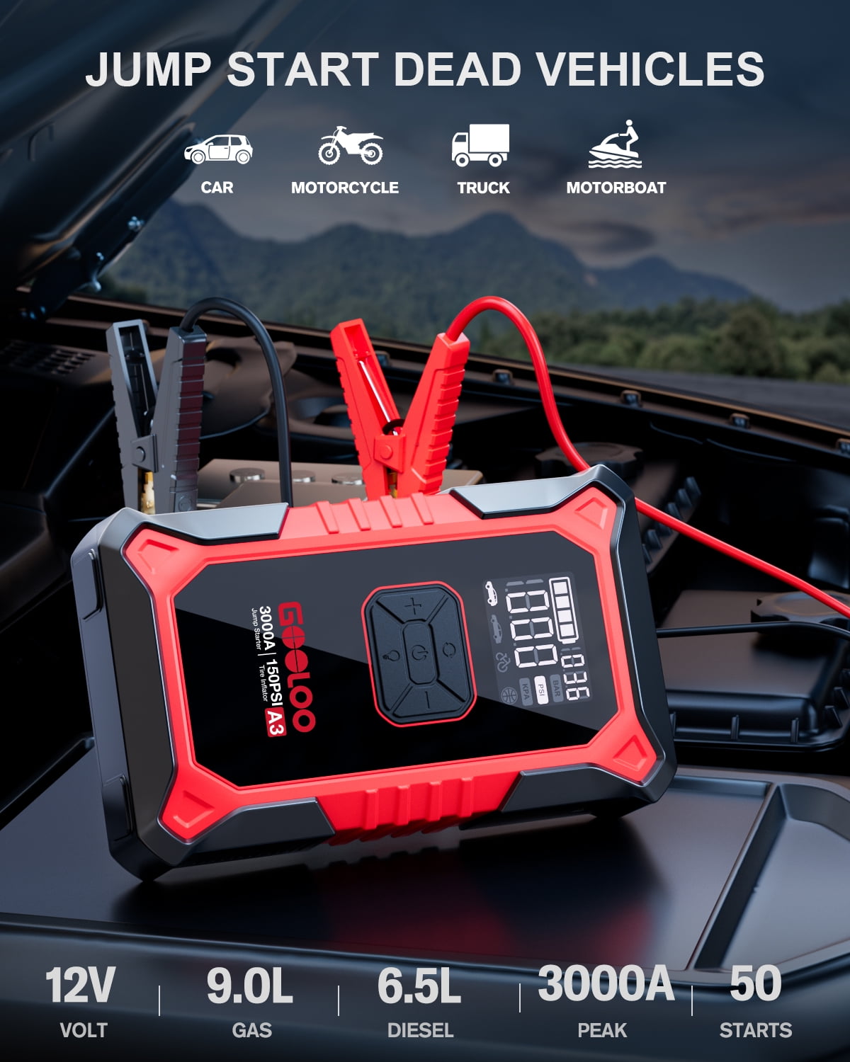 Gooloo Jump Starter with Air Compressor, 3000A Portable Car Battery Jump Starter (9.0L Gas/6.5L Diesel) with 150PSI Digital Tire Inflator, 12V Car Battery Charger Booster with LED Light