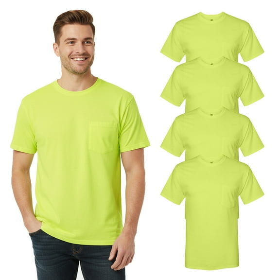 Hanes Men's Hi-Vis Workwear Pocket T-Shirt, Durable Short Sleeve Work Tee, Safety Green, 4-Pack, S