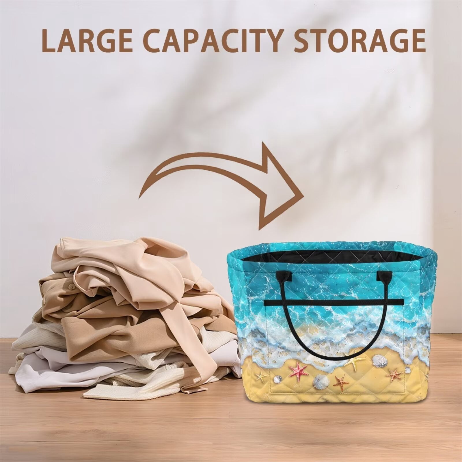 Yuyamidu Beach Starfish Fabric Storage Basket 6.39 Gal Quilted Storage Basket Portable Folding Storage Laundry Nursery Hamper for Nursery Bedroom Living Room