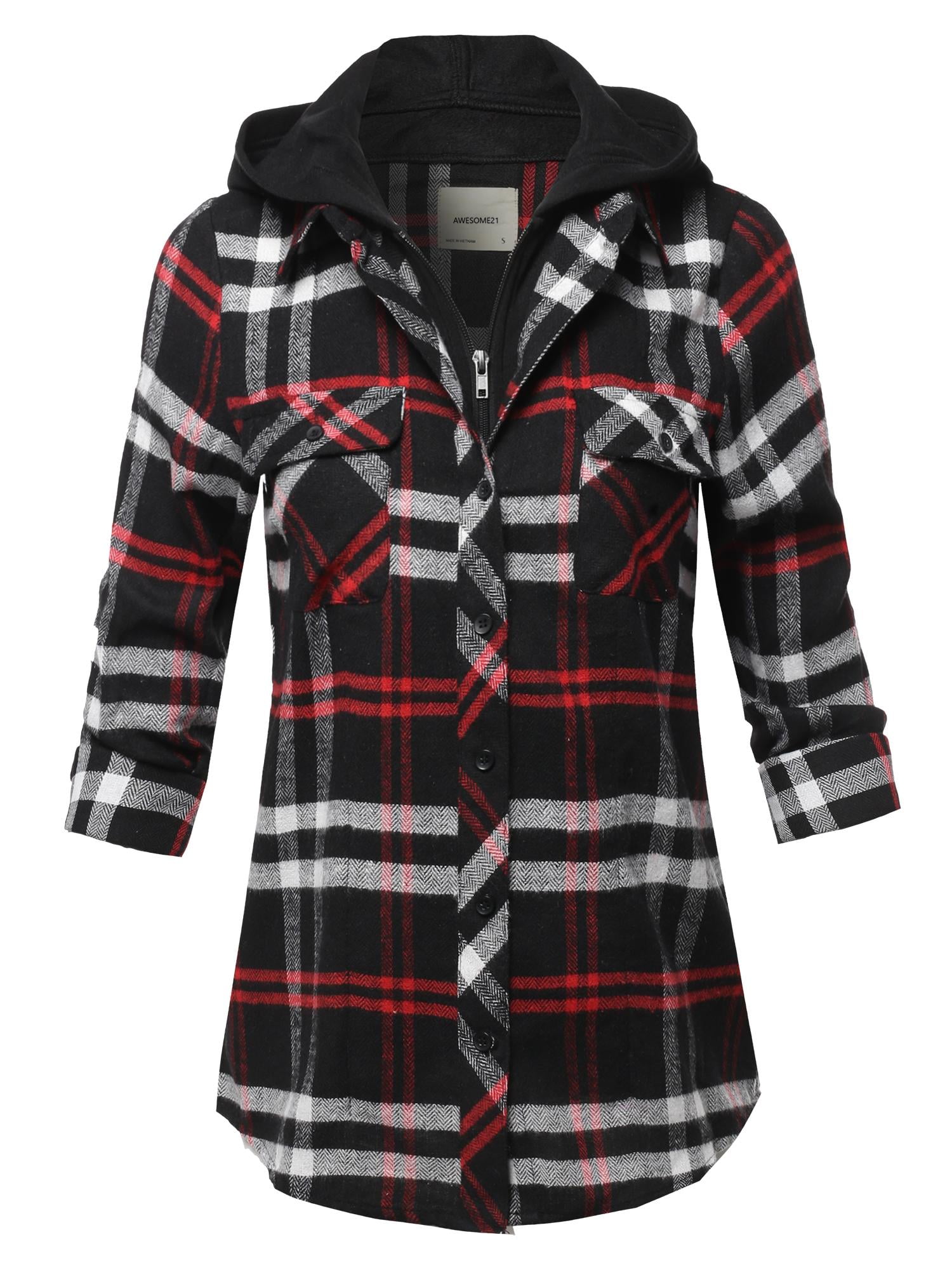 Awesome21 Womens Casual Hooded Flannel Plaid Shirt