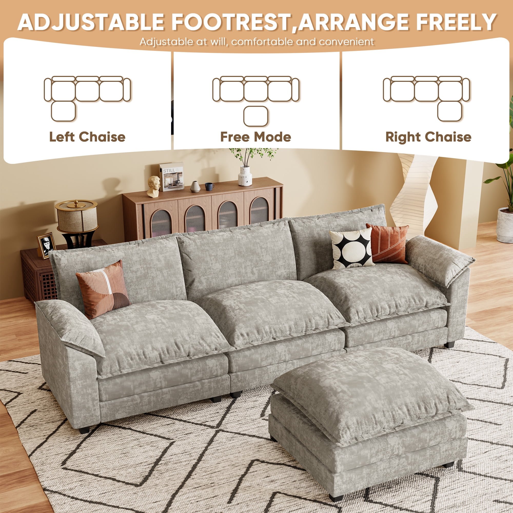 Homall 3-seat L-shaped Cloud Couch Sectional Sofa with reversible toffee chair Movable Footrest Sofa, Gray