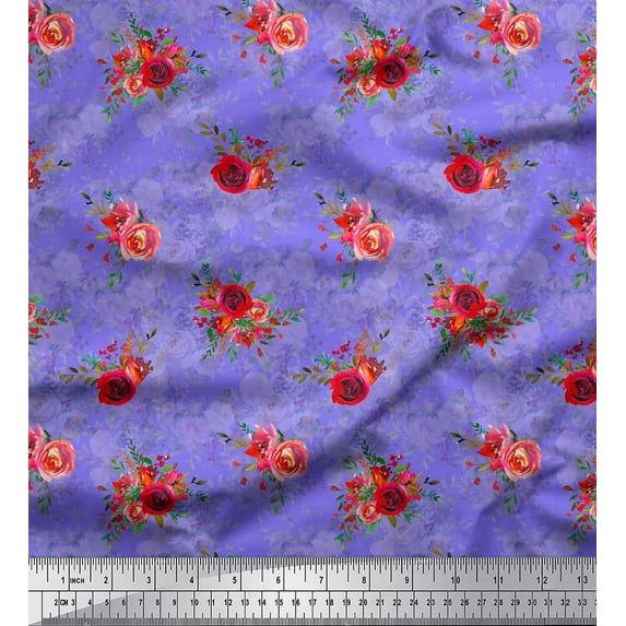 Soimoi Purple Cotton Jersey Fabric Leaves & Rose Floral Printed Craft Fabric by the Yard 58 Inch Wide