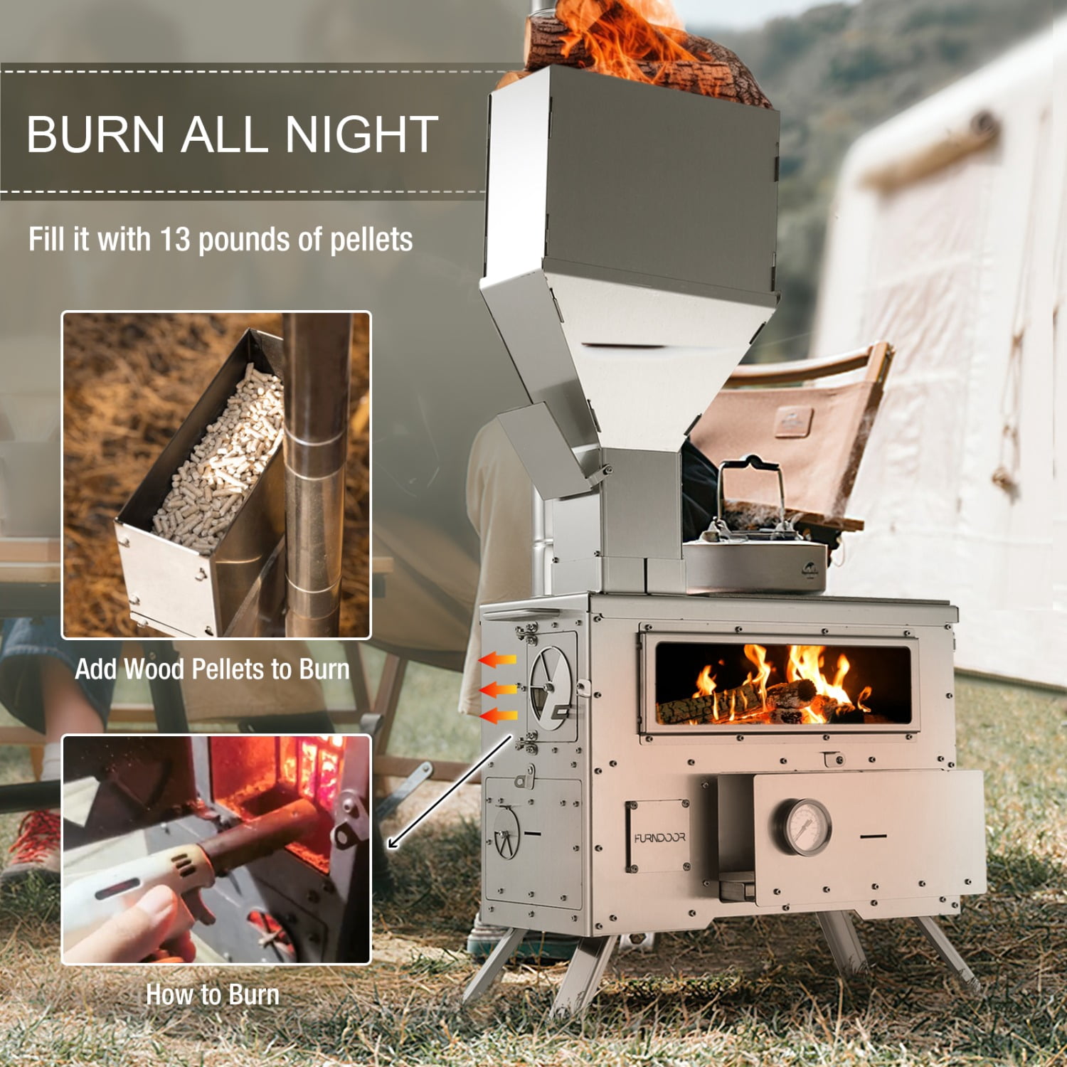 WoBurning Stove with Oven - Portable Pellet Stove with Chimney Pipes, 304 Stainless Steel Outdoor Hot Tent Camping Stove for Winter, Hunting, Cooking, Hiking,Compatible with Wood/Pellets