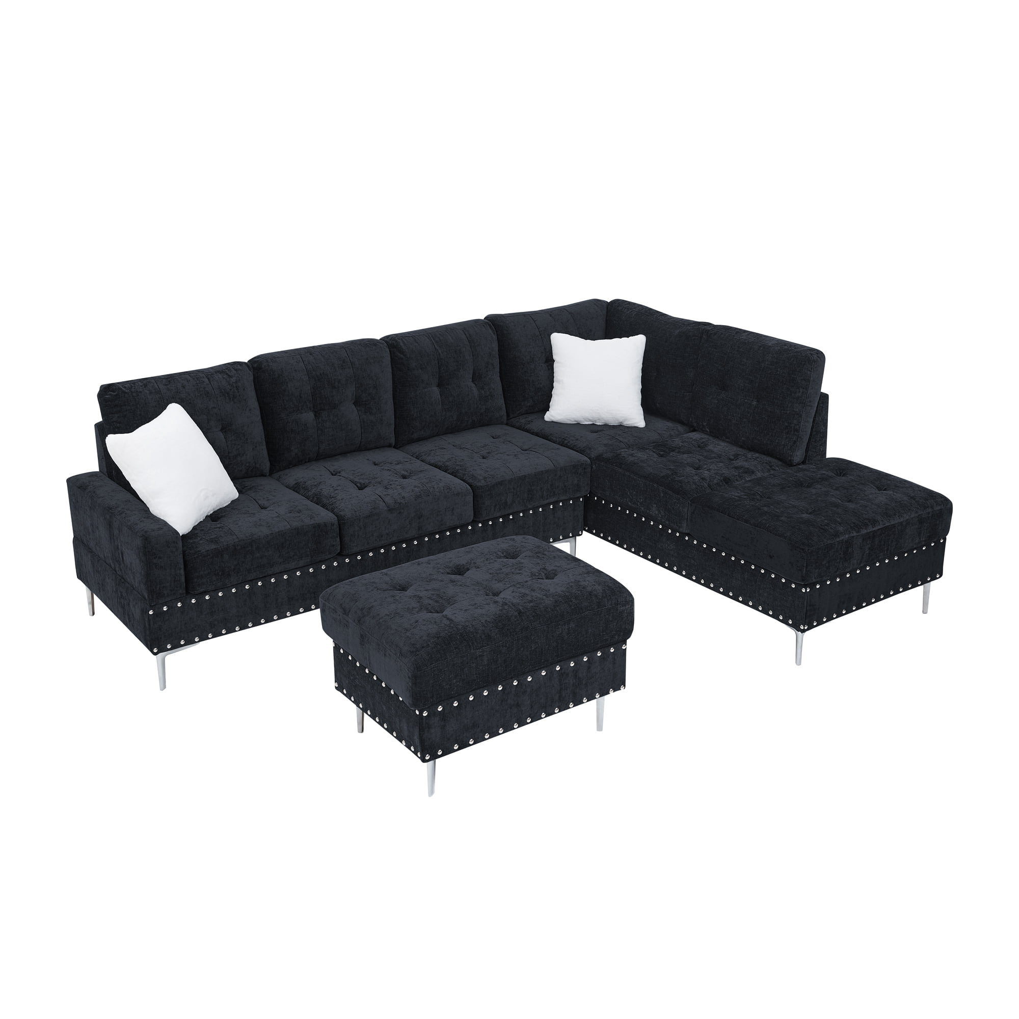 Leumius Modular Sectional Sofa with Chaise and Storage Ottoman,U/L Shaped Sectional Sofa with 2 Pillows,Modern Copper Nails Design Couch with Deep Seat and Thickened Cushion for Living Room,Navy Blue