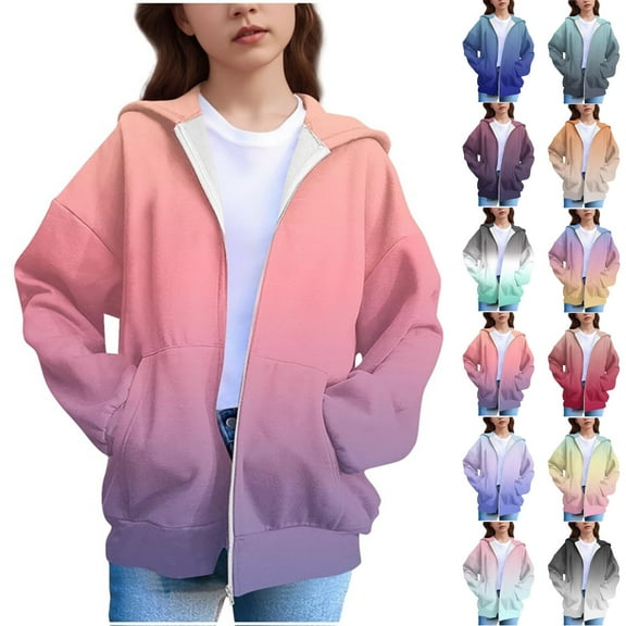 CYRBOKO Girls Boys Sweatshirts with Zipper, Gradient Lightweight Fall/Winter Long Sleeve Kids Hooded Jackets Hot Pink Size 10-12 T