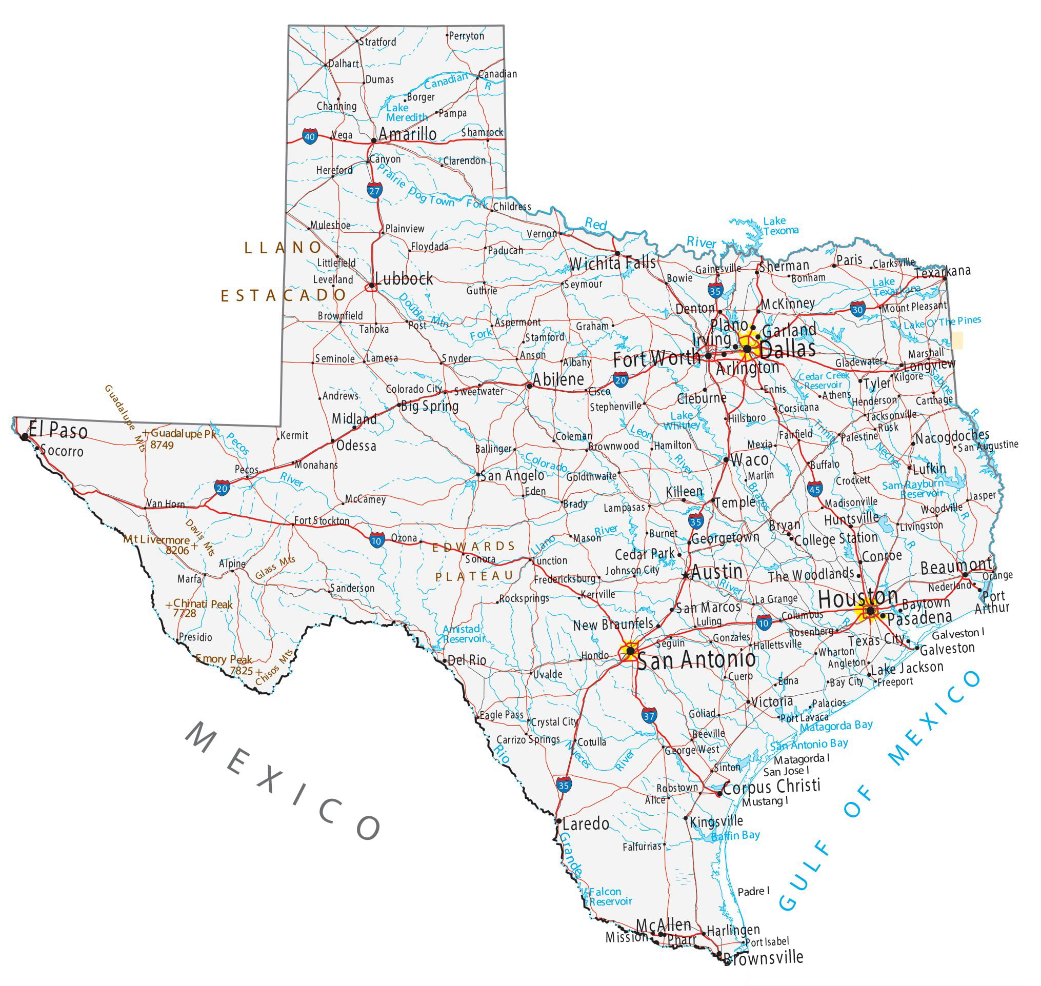 Texas Map â€“ Roads And Cities Large Map Vivid Imagery 20 Inch By 30