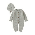 thumbnail image 1 of Qiylii Baby Knitted Romper, Solid Color Long Sleeves Buttons Bodysuit+Hat, 1 of 9