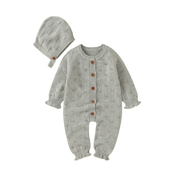 Qiylii Baby Knitted Romper, Solid Color Long Sleeves Buttons Bodysuit+Hat