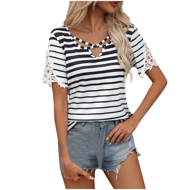 Blusas de Verano Ligeras para Mujeres Cuello en V de Manga Corta a Rayas con Encaje Costura, Top de Moda Casual para el Uso Diario