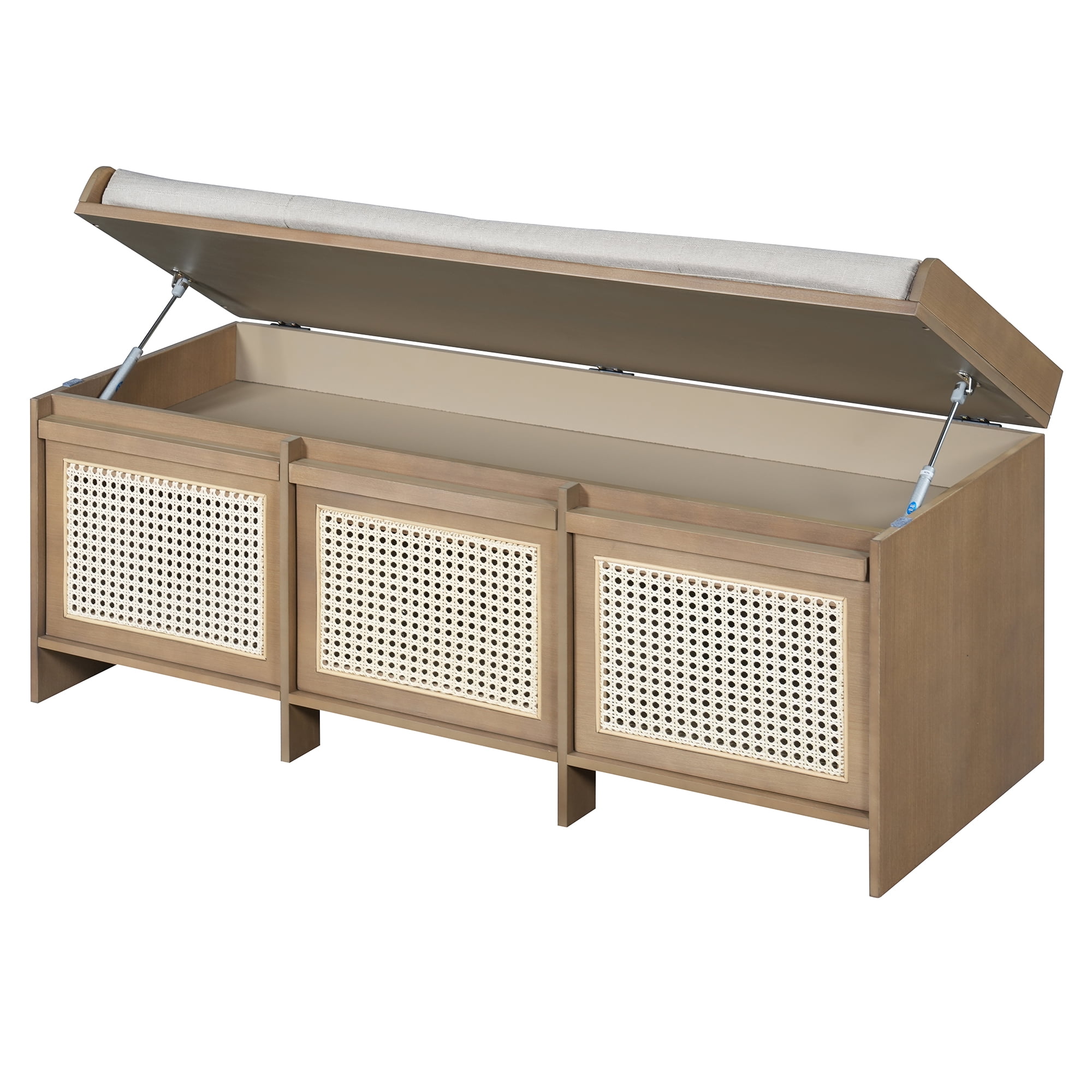 48" Entryway Shoe Bench, Retro Storage Bench with Rattan Drawers & Removable Button‑Tufted Upholstered Cushion for Living Room, Hallway, Foyer, Stair Landing, 5 Colors Available (Natural)