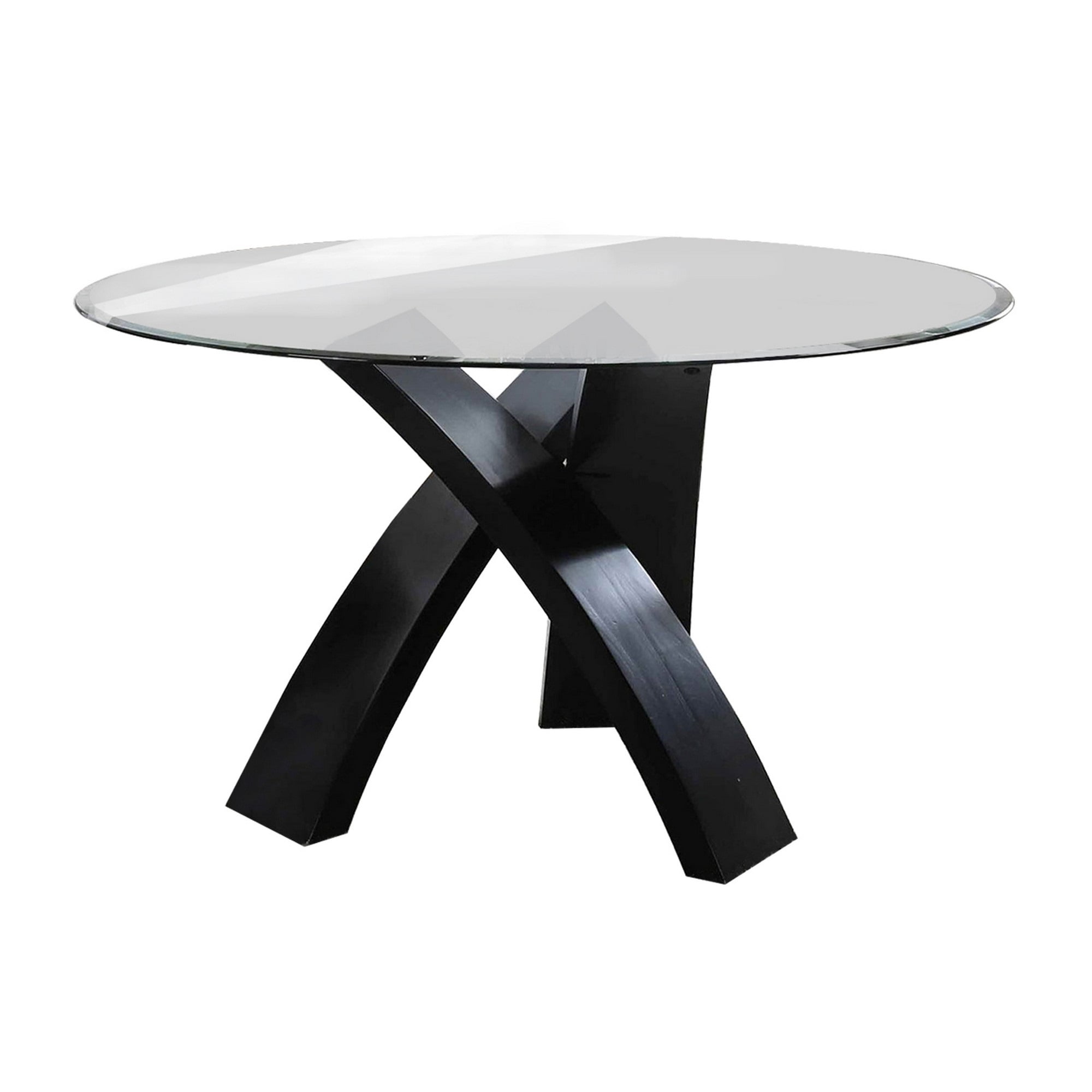 Black Benjara Round Glass Top Dining Table with Criss Cross Tripod Base