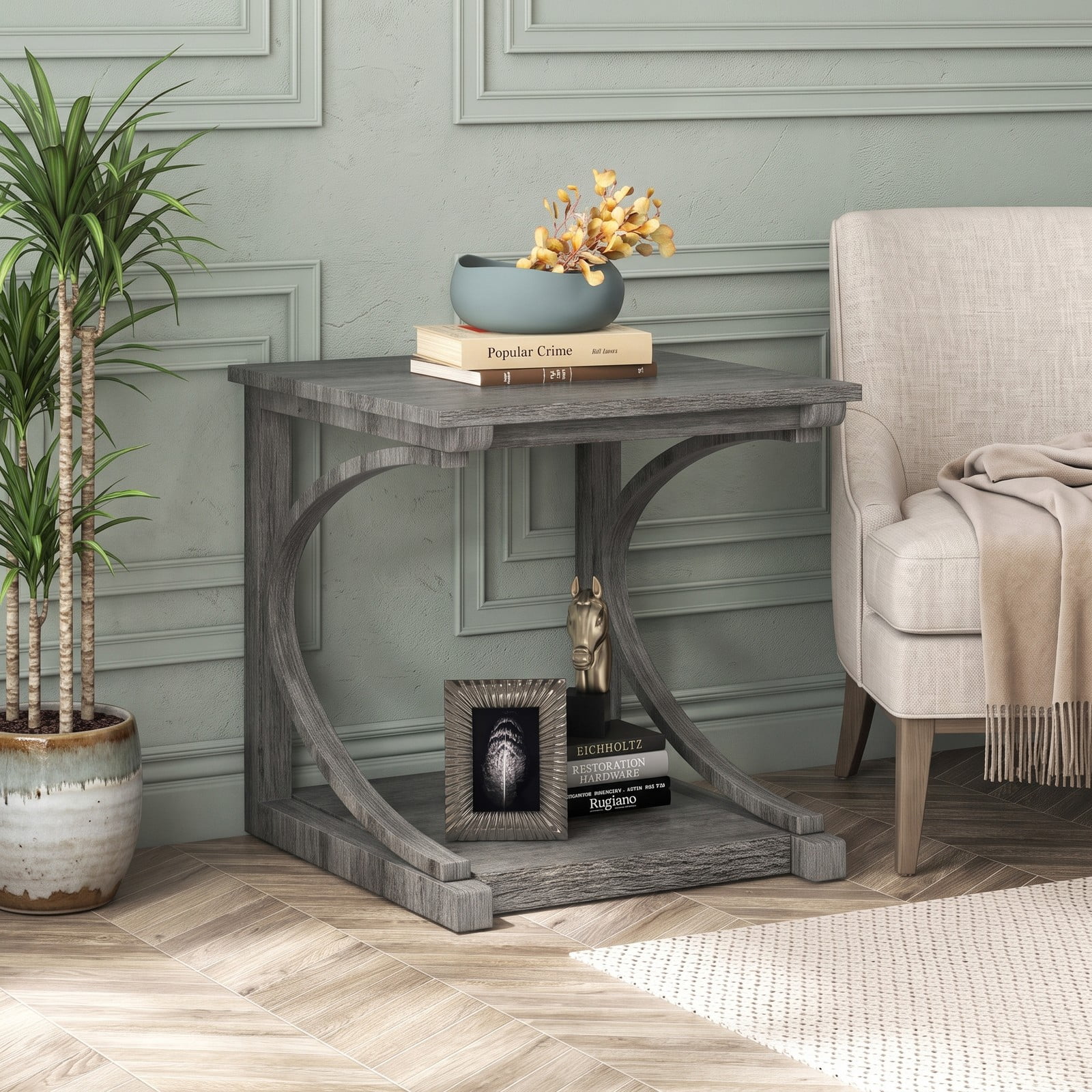 Furnibear C-Shaped End Table, 24 Inch 2-Tier Square Sofa Side Table with Storage Shelf, Rubber Wood Snack Couch Table for Living Room Bedroom, Grey