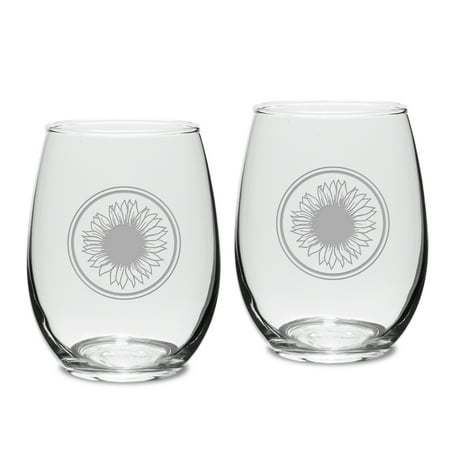 

Sunflower Deep Etched Stemless White Wine Glass Set of 2