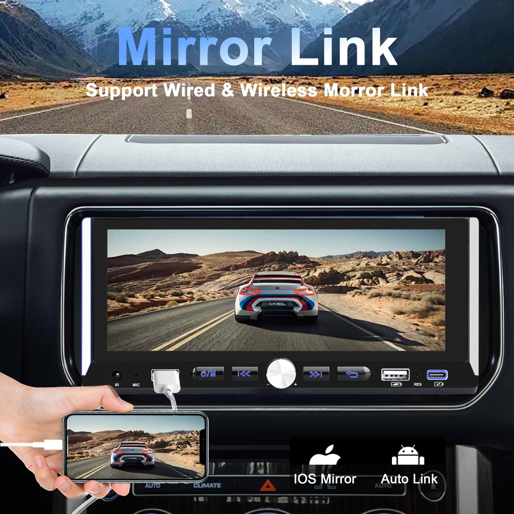 Wireless Single Din Car Stereo, 6.9" Touchscreen Car Audio Receiver, Apple Carplay & Android Auto, Bluetooth, Type-C/USB Fast Charging, Rear Camera