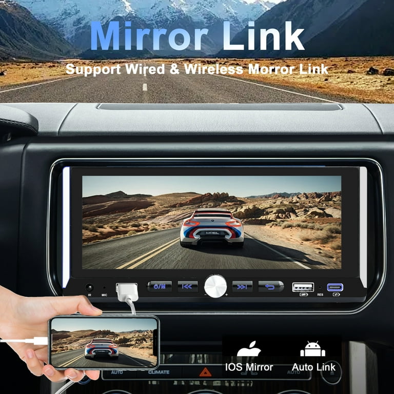 Wireless Single Din Car Stereo with Apple Carplay & Android Auto, 6.9" Touchscreen Car Audio Receiver,  Mirror Link, Bluetooth 5.0, FM Radio, Support Type-C/USB Fast Charging, Rear View Camera