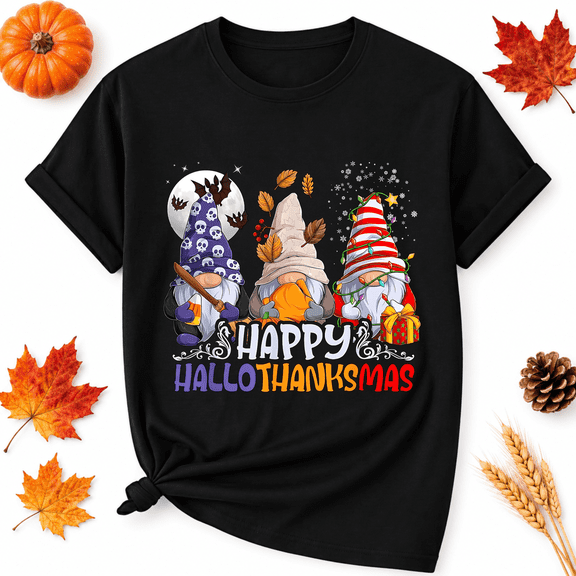 KeHetSoft Thanksgiving Hallothanksmas Gnome Trio Cotton Graphic Unisex T-Shirt