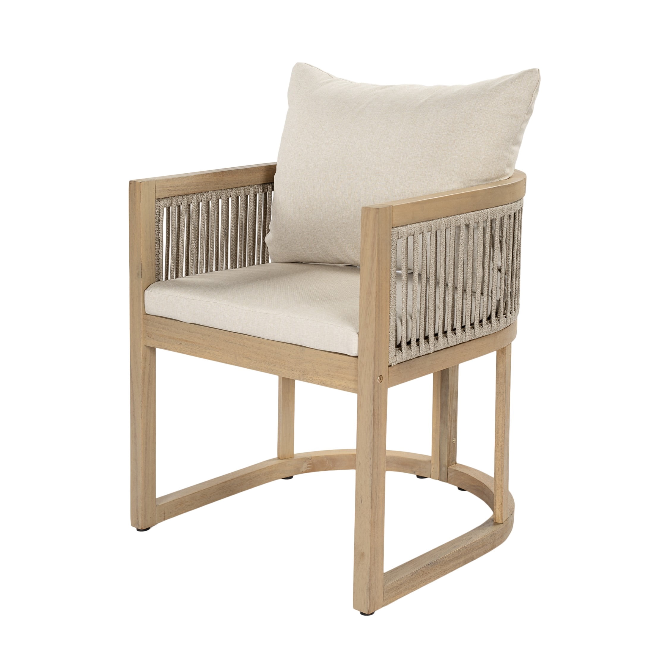 Christopher Knight Home Acacia Wood Outdoor Dining Chair with Cushions, Curved Shape, Light Teak+Beige