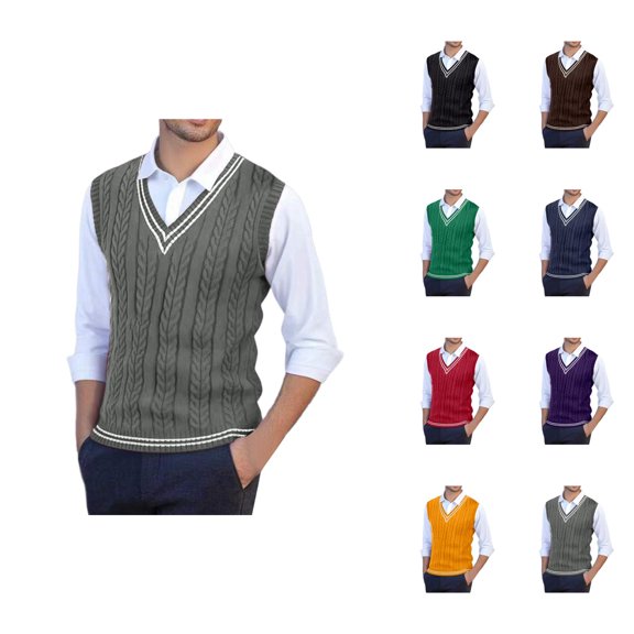 Sweater Vest Men Fall Winter Casual Sleeveless V Neck Cable Knit Pullover Sweater Preppy College Style Knit Vest
