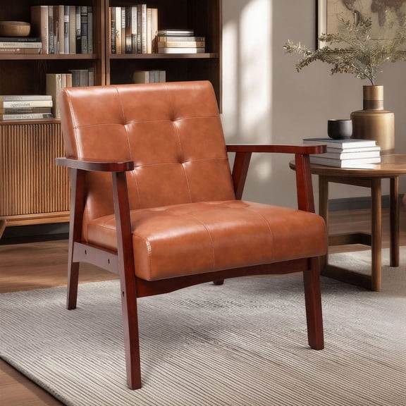 HomeMiYN Comfy Accent Chair for Living Room and Bedroom, Faux Leather Mid-Century Reading Chair with Solid Wood Legs, Caramel