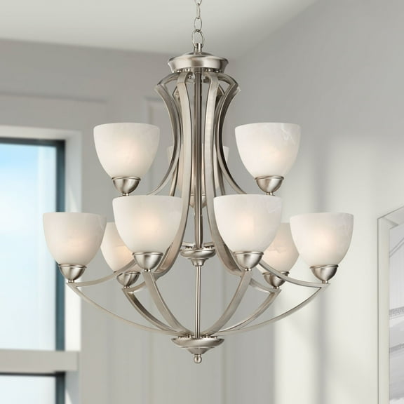 Possini Euro Design Milbury Satin Nickel Chandelier 30" Wide Industrial Tiered White Glass Shade 9-Light Fixture for Dining Room House Kitchen Island
