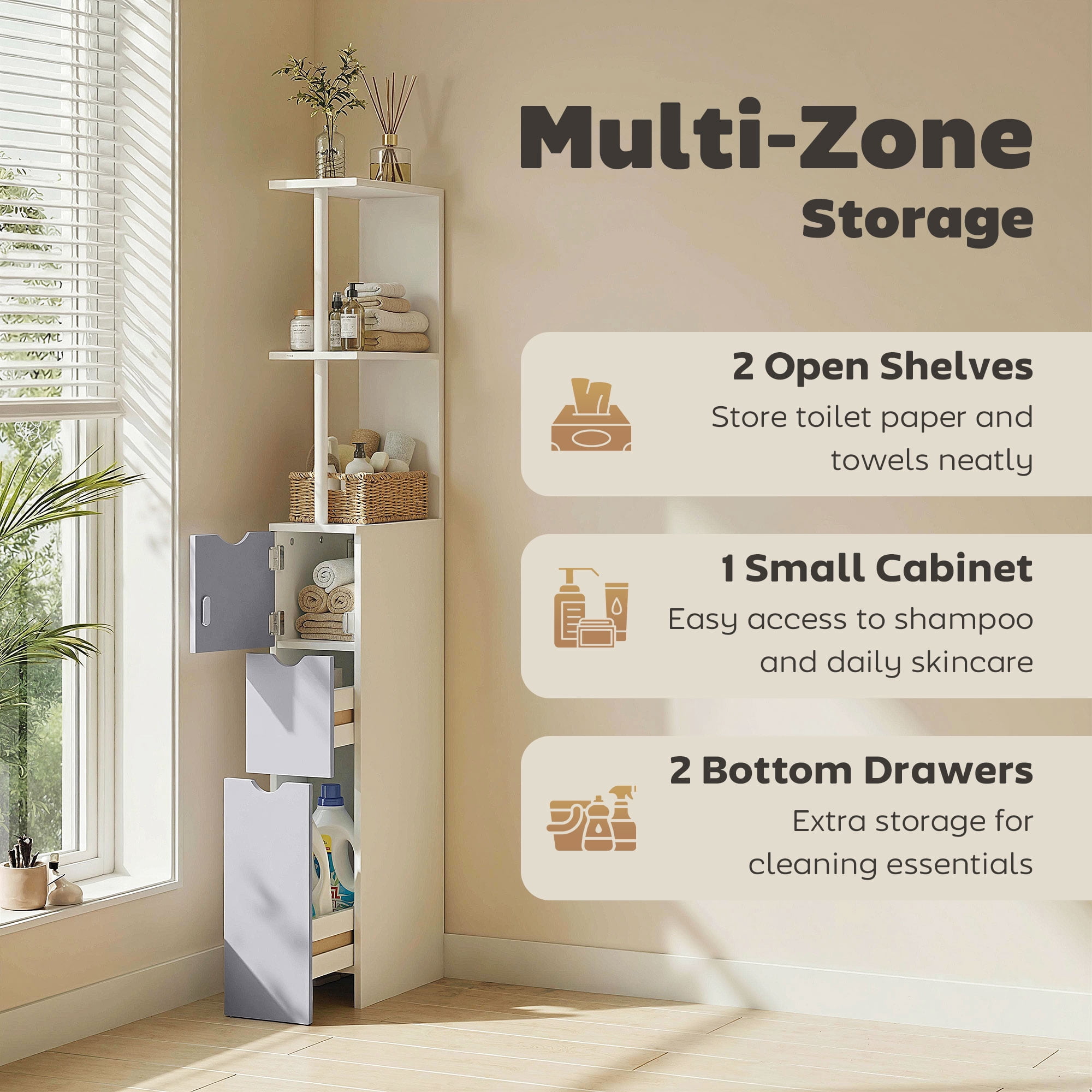HOQBN 54" Tall Bathroom Storage Cabinet, Linen Tower with Shelf and Drawers, Narrow Side Floor Organizer, Grey and White