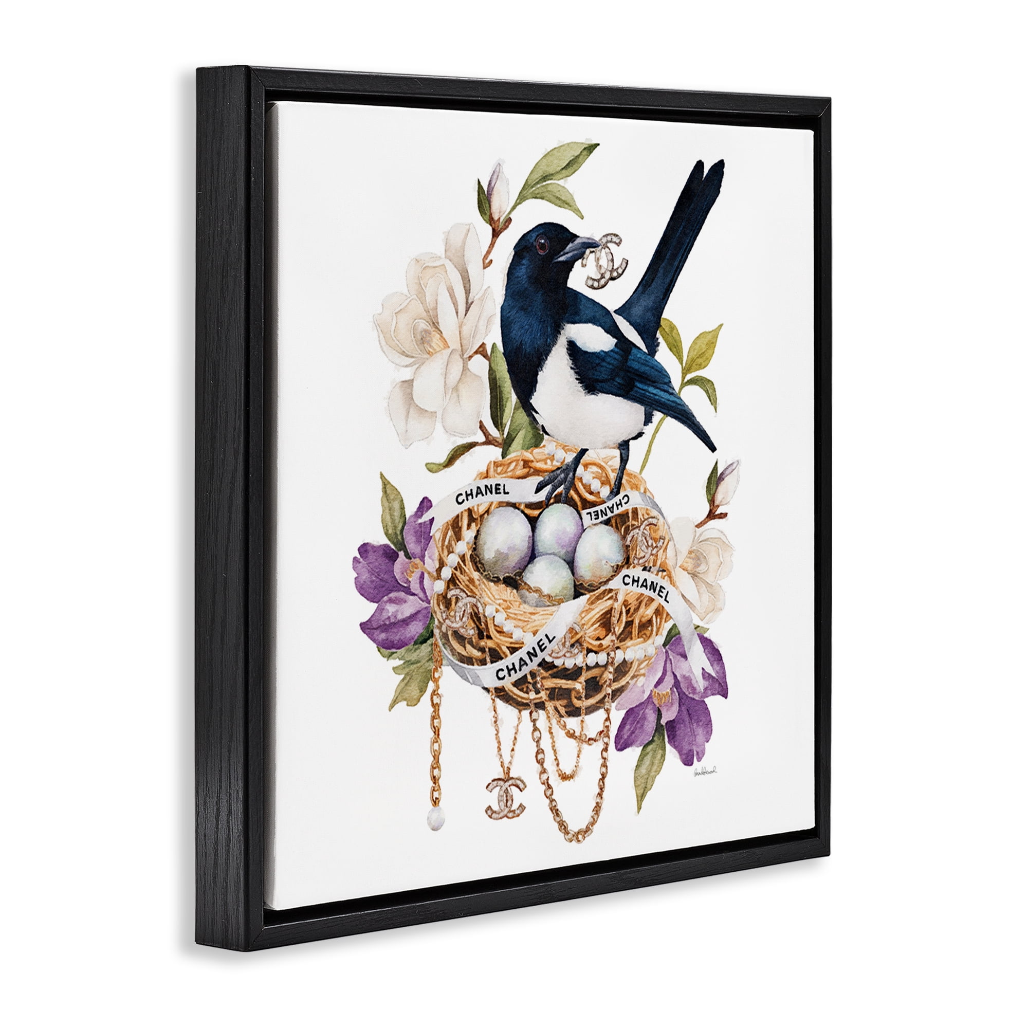 Stupell Industries Glam Birds Nest Magnolia Black Framed Floater Canvas Wall Art, design by Amanda Greenwood