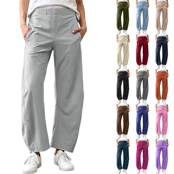 Bloomae Women Barrel Travel Pants Elastic Waistband Tapered Leg Baggy Mid Rise Work Business Trousers Loose Comfy Lounge Pant with Pockets