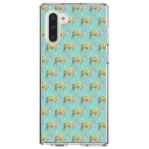 DistinctInk Clear Shockproof Hybrid Case for Samsung Galaxy Note 10 (6.3" Screen) - TPU Bumper, Acrylic Back, Tempered Glass Screen Protector - Preppy Pattern - Camels on Teal Background