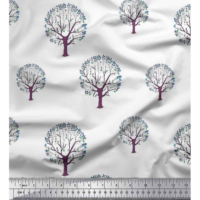 Soimoi Cotton Voile Fabric Tree Block Printed Fabric 1 Yard 42 Inch Wide