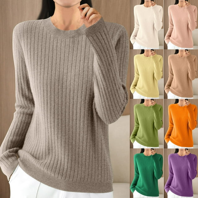 Sentmoon Womens Fall Clothes Crew Neck Long Sleeve Long Sleeve Tops for Women Loose Solid Color Knitted T-Shirts for Women Soft and Comfortable for Weekend Brunch Beige XL