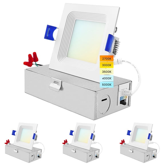 Luxrite 3 Inch Square LED Recessed Lighting, 8W, 5CCT Color Selectable 2700K-5000K, 540 Lumens, Wet Rated, ETL, Baffle Trim 4 Pack