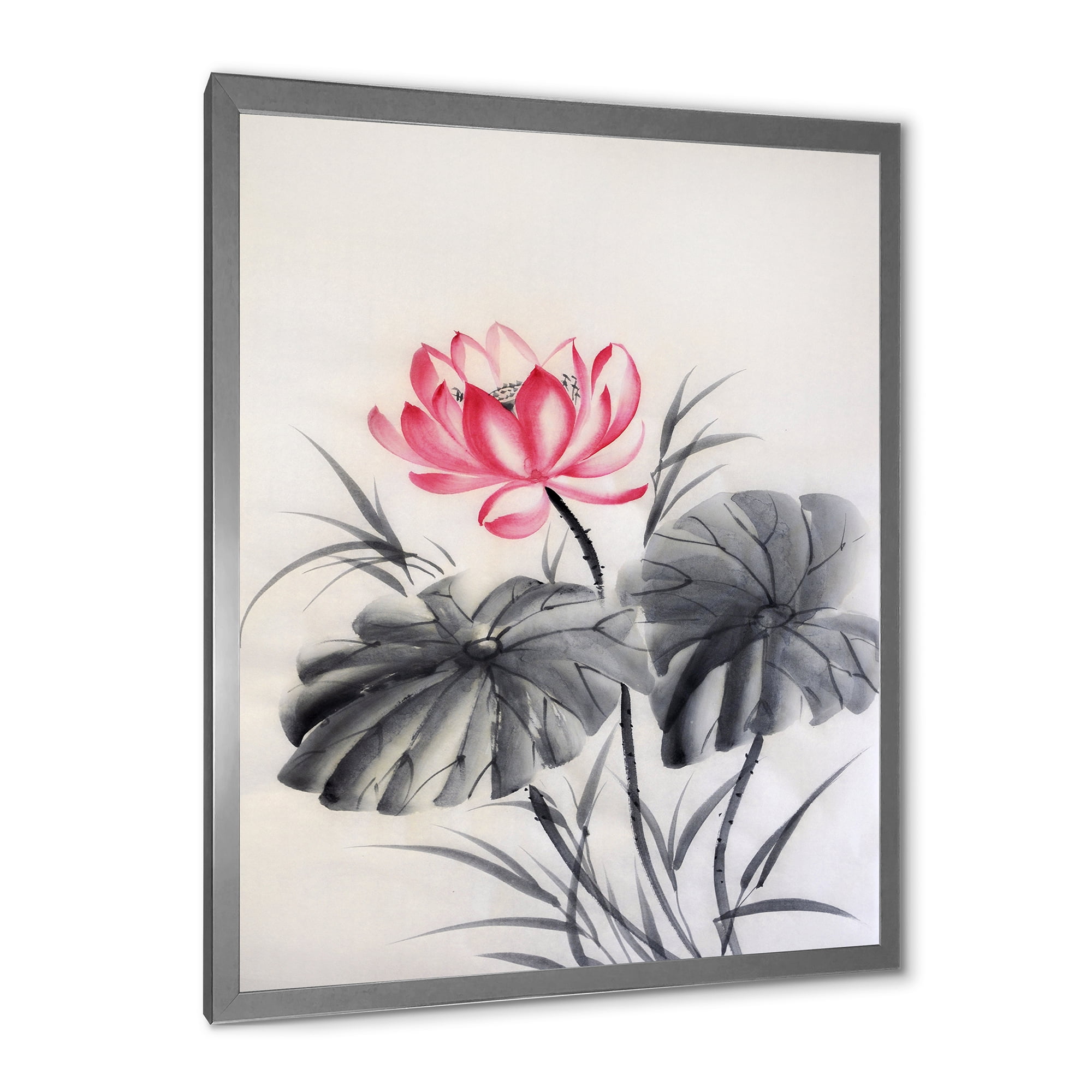 Designart 'Two Monochrome Leaves With Lotus Flower' Traditional Framed Art Print
