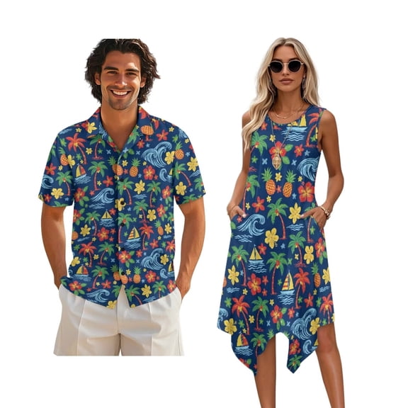 Whosucclay Pineapple Hibiscus Palm Tree Boat Print Matching Hawaiian Holiday Outfit Set Men Button T-Shirts and Women Sleeveless Sundresses Dress 2026 Spring Long Midi Dress Travel Outfit, S