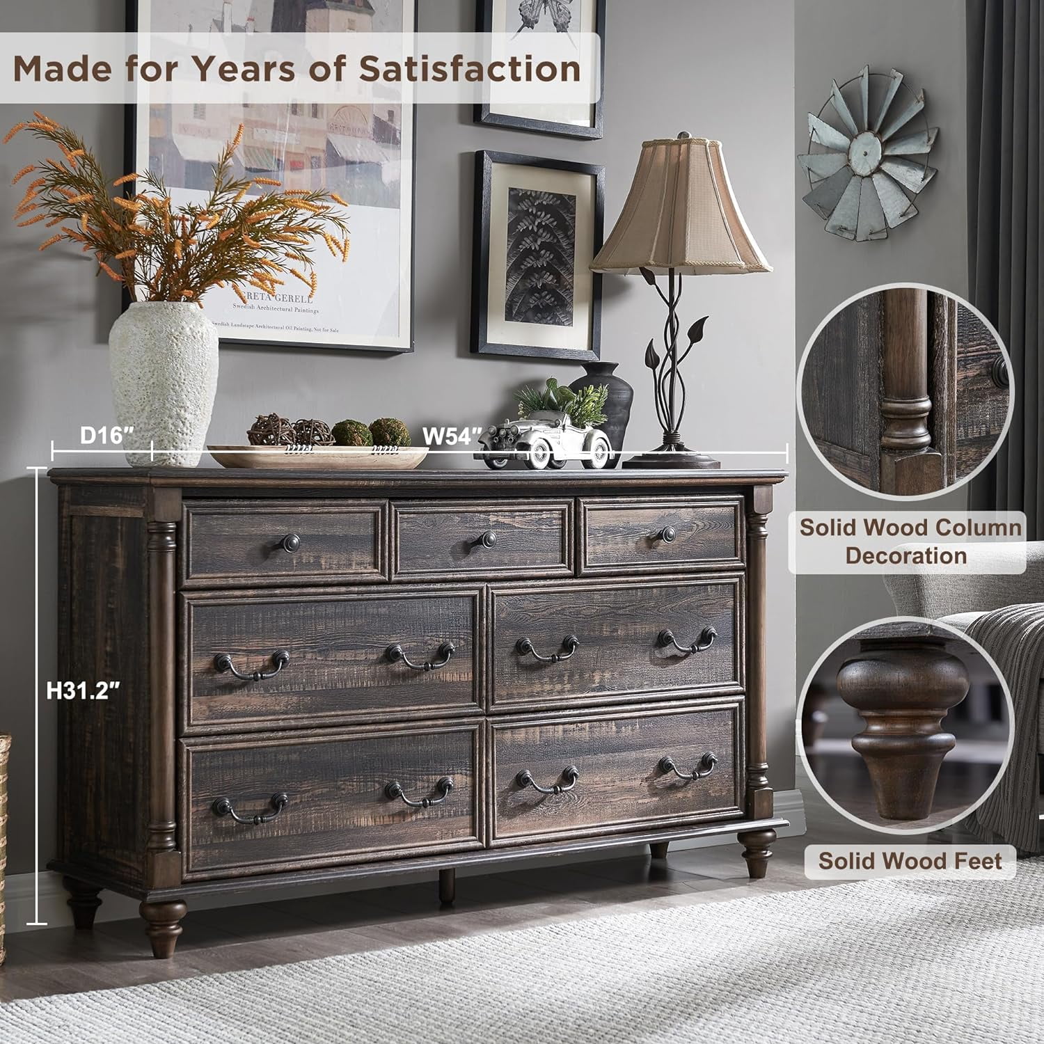 OKD Farmhouse 7 Drawers Dresser Chests for Bedroom, 54" Wide Wood Rustic Tall Chest of Drawers with Solid Wood Feet for Living Room, Dark Rustic Oak