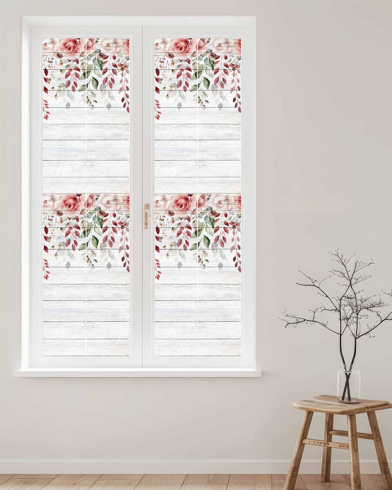 Pink Valentine's Day Window Privacy Film Stained Glass Window Film Decorative Windows Cover Static Windows Cling for Glass Door Roses Spring Floral Wooden Farmhouse Stickers for Bathroom 17.7"x78.7"