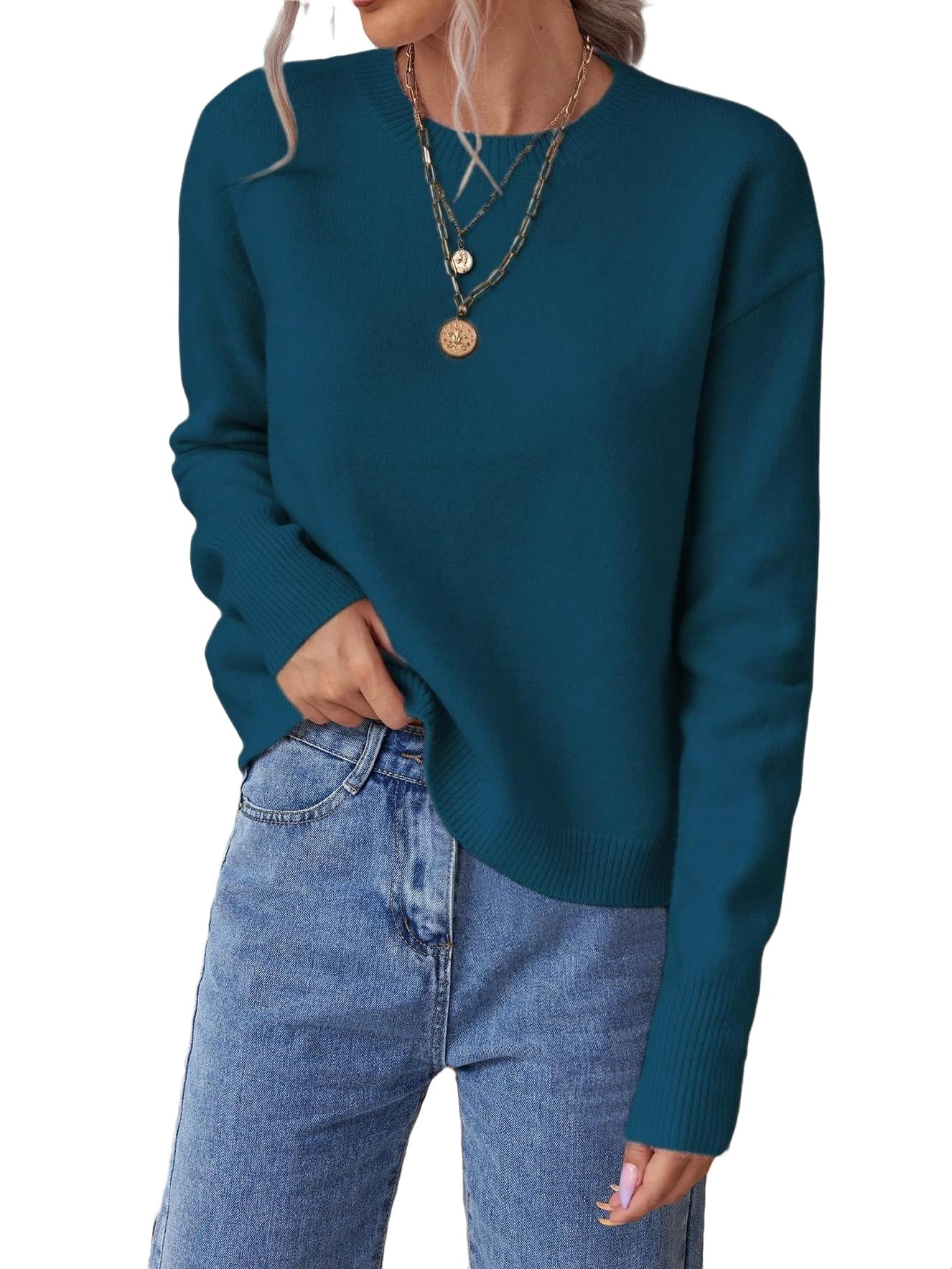 Casual Solid Round Neck Pullovers Long Sleeve Teal Blue Women's Sweaters  (Women's)