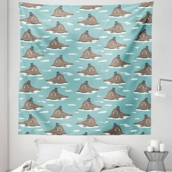 Ocean Blue Tapestry, Cartoon Repetition of Funny Walrus Character with Hat Nordic Aquatic Animal, Fabric Wall Hanging Decor for Bedroom Living Room Dorm, 5 Sizes, Seafoam Umber, by Ambesonne