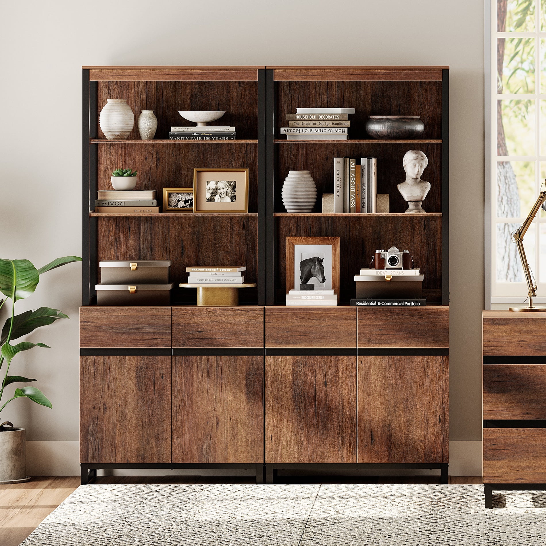 2 PCS Modern 72 Inch Tall Bookcases with Metal Base, Freestanding Library Book Shelf Set with Adjustable Shelves, Closed Storage Cabinet and Open Shelves for Home Office, Living Room