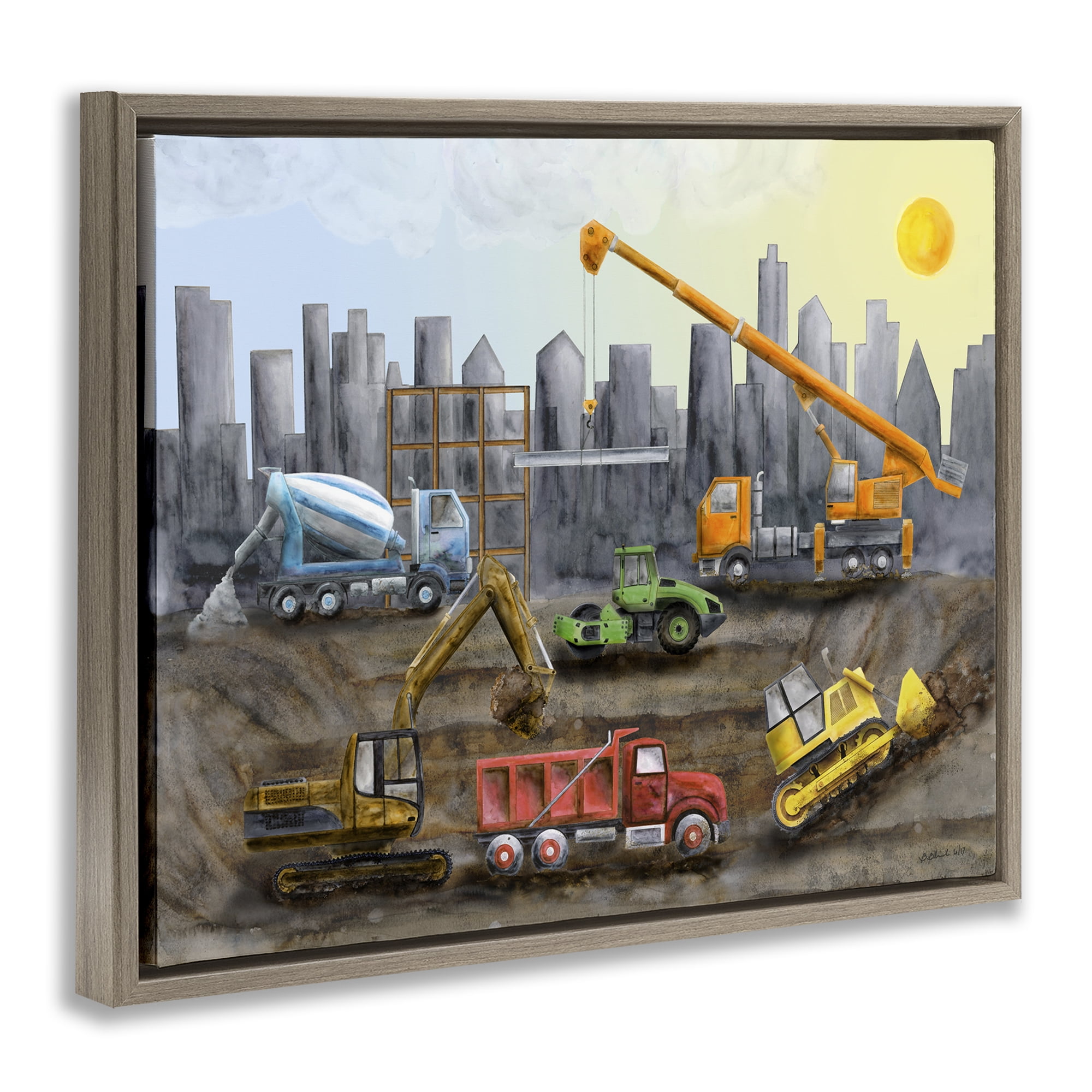 Stupell Industries Construction Trucks Skyline Transportation Painting Brown Floater Framed Canvas Art Print Wall Art, 21 x 17