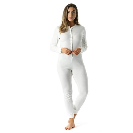 #followme Women's Thermal Henley Onesie - Soft and Cozy Union Suit for Winter Sleepwear and Lounging (White, Large)