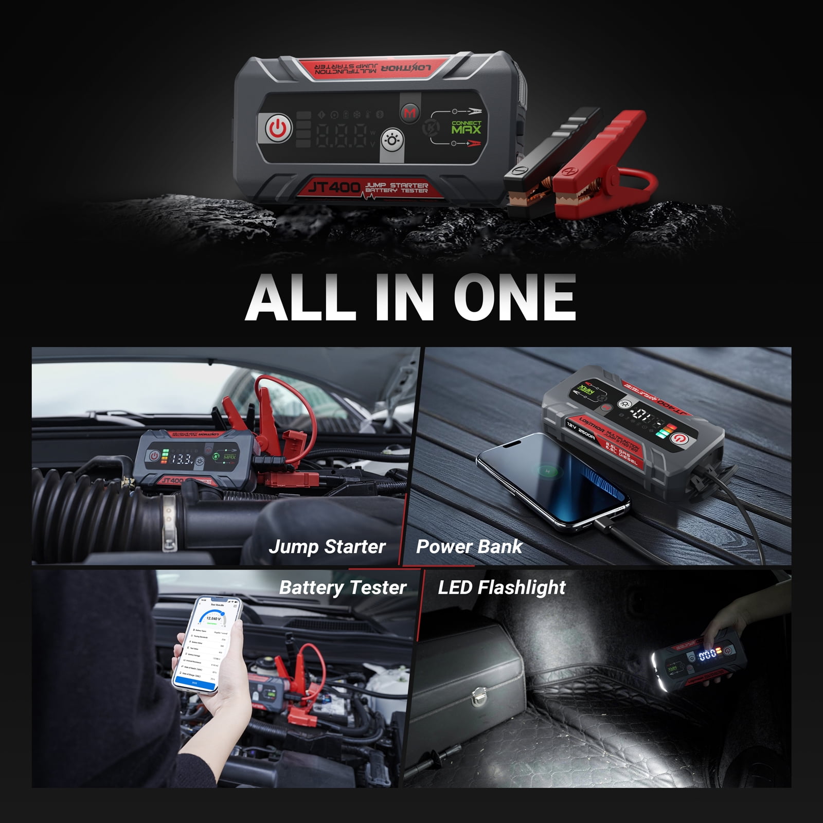 LOKITHOR JT400 Jump Starter and Battery Tester 2-in-1,2500A 12V Portable Battery Jump Starter，100-2000 CCA Load Capacity Automotive Load Tester(8.5LGas/6.5LDiesel）Engines