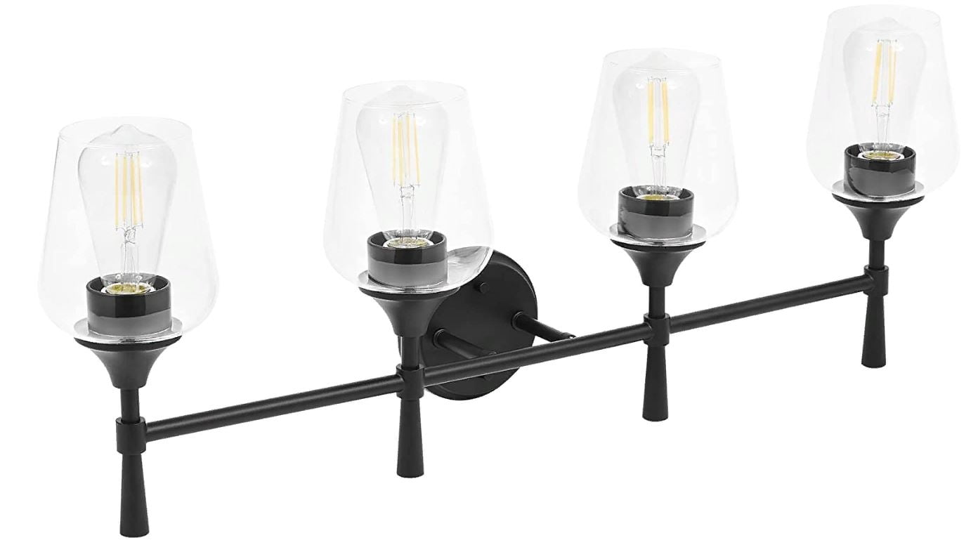 Sunset Lighting Black Vanity Light for Bathroom | Wall Mount Fixture for Over Mirror and Above Sink with Clear Glass Shades 4-Light F27014-31