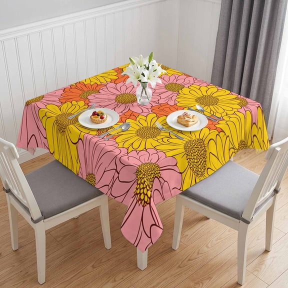 Pink Orange Yellow Daisy Table Cloth Waterproof Tablecloths, Spring Floral Botanical Tablecloth Dining Table Cover for Kitchen Party Tabletop Outdoor, Square Tablecloth 54x54 Inch