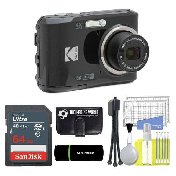 Kodak PIXPRO FZ45 16MP Digital Camera 4X Optical Zoom 27mm Wide Angle 1080P Full HD Video 2.7" LCD Camera Black   64GB Card and Reader   Memory Wallet   Tripod   Cleaning Bundle