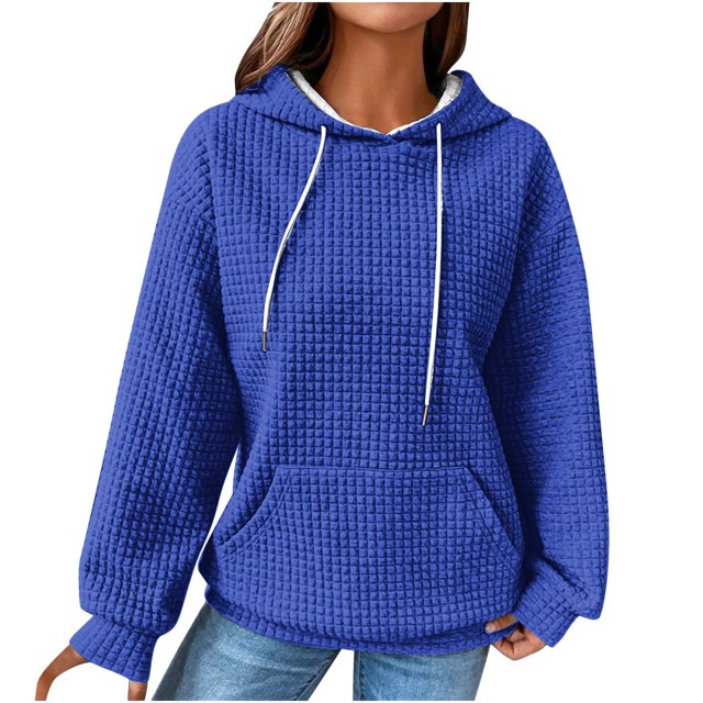 Savings Clearance 2024 wmjolc Waffle Hoodie for Womens Solid Pullover Drawstring Sweatshirt Spring Fall Oversized Sweatshirts with Pockets Long Sleeve Out Going Tops