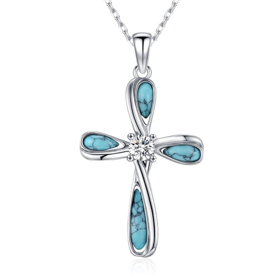 Coachuhhar Cross Necklace 925 Sterling Silver Turquoise Pendant Necklaces Religious Jewelry Gifts for Women Mom Birthday