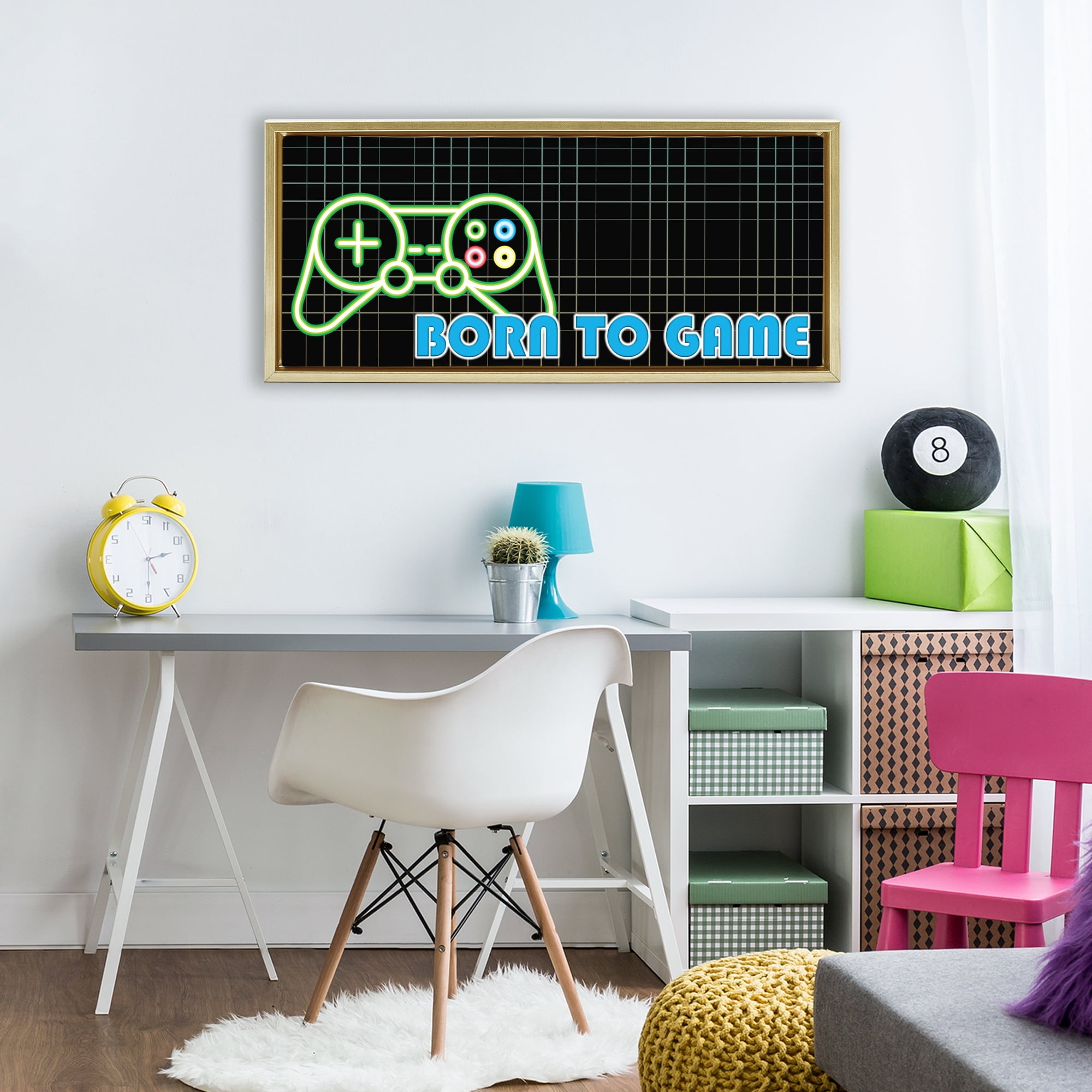 Stupell Industries Born To Game Neon Gold Framed Floater Canvas Wall Art, design by Kim Allen