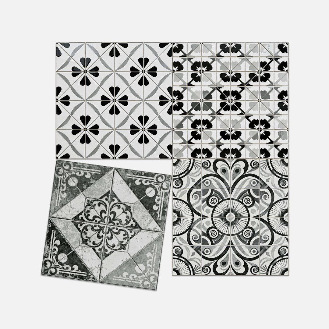 24Sheet Self Adhesive Tile Sticker Peel and Stick Backsplash 7.87" x 7.87" DIY Decor Gray Black Flowers Wall Stickers Waterproof Vinyl Decals